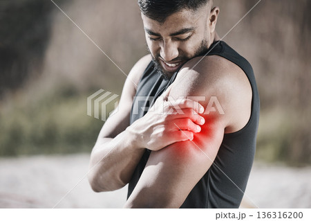 Man, shoulder pain and fitness, injury and red overlay, hurt and medical emergency with muscle inflammation. Male athlete, strain with glow and health problem, mockup space and exercise accident Man, shoulder pain and fitness, injury and red overlay, hurt and medical emergency with muscle inflammation. Male athlete, strain with glow and health problem, mockup space and exercise accident 136316200