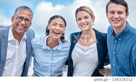 Happy, team and portrait of business people in the city with solidarity, laughing and support. Smile, hug and diversity with corporate employees together for collaboration as professional staff 136316212