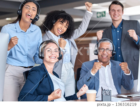Call center, team or happy people with success of winning telemarketing sales target or achievement. Teamwork, customer service and group of agents cheering in celebration of victory, goals or deal Call center, team or happy people with success of winning telemarketing sales target or achievement. Teamwork, customer service and group of agents cheering in celebration of victory, goals or deal 136316219