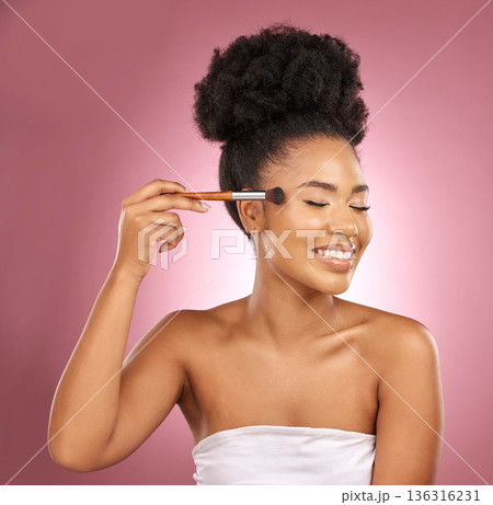 Makeup, smile and black woman with brushes, beauty and dermatology against a pink studio background. Female person, skincare or happy model with cosmetic tools, aesthetic and grooming with self care Makeup, smile and black woman with brushes, beauty and dermatology against a pink studio background. Female person, skincare or happy model with cosmetic tools, aesthetic and grooming with self care 136316231