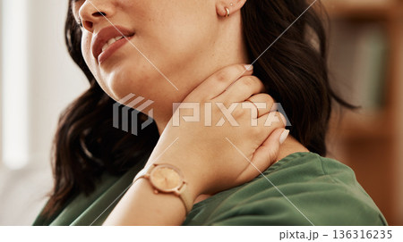 Neck, pain and face of woman with stress, joint inflammation and arthritis crisis at home. Healthcare, injury and closeup of female person with muscle ache, nerve tension and anxiety of fatigue Neck, pain and face of woman with stress, joint inflammation and arthritis crisis at home. Healthcare, injury and closeup of female person with muscle ache, nerve tension and anxiety of fatigue 136316235