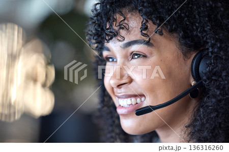 Smile, call center and woman in office consulting in crm, telemarketing or customer service. Happy, face and lady consultant working in contact us, online support or help, advice or virtual assistant 136316260