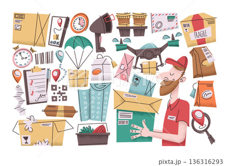 Colorful delivery stickers set with parcels, envelopes and postal equipment and friendly courier Colorful delivery stickers set with parcels, envelopes and postal equipment and friendly courier 136316293