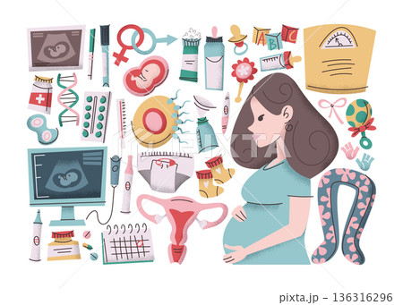 Pregnancy, conceiving child, preparing and waiting for childbirth stickers set with pregnant woman 136316296