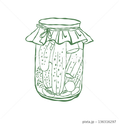 Vector doodle illustration of pickled cucumbers in a jar. Hand-drawn sketch of a garden harvest. Organic farm outline graphics. Pickles. Preserves. Vector doodle illustration of pickled cucumbers in a jar. Hand-drawn sketch of a garden harvest. Organic farm outline graphics. Pickles. Preserves. 136316297