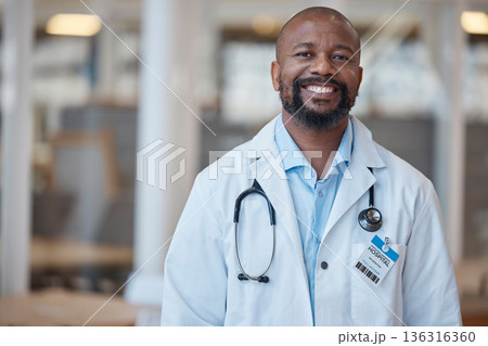 Doctor, portrait and smile with black man at hospital or lab coat with confidence or leader. Healthcare professional, happy and face with manager or positive mindset at clinic with vision or expert. 136316360