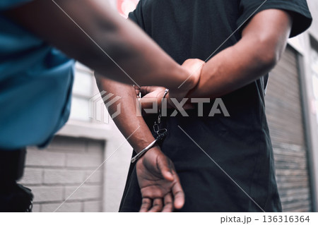 Hands, handcuffs or arrest with a police officer and criminal walking outdoor in a city from the back. Security, law or legal with a person of authority catching a crime suspect in an urban town 136316364
