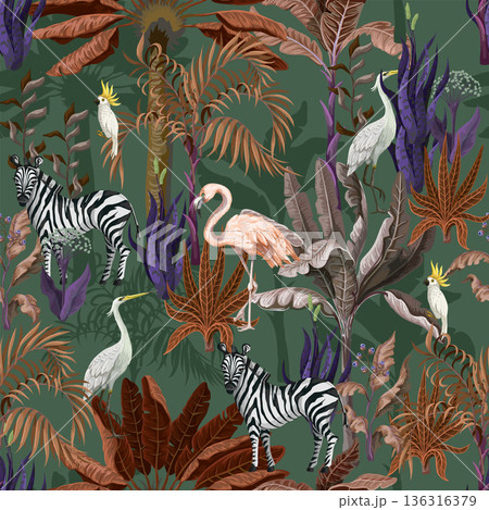 Seamless pattern with tropical animals in jungle. Vector. 136316379