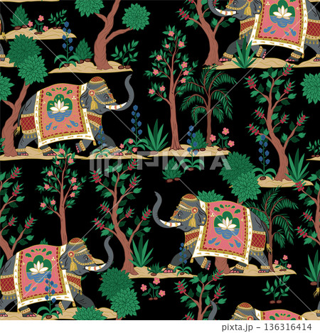 Seamless pattern with Indian elephants and decorative elements. Vector. 136316414