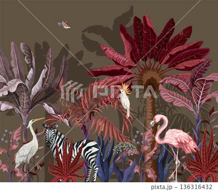 Border with tropical animals in jungle. Vector. 136316432