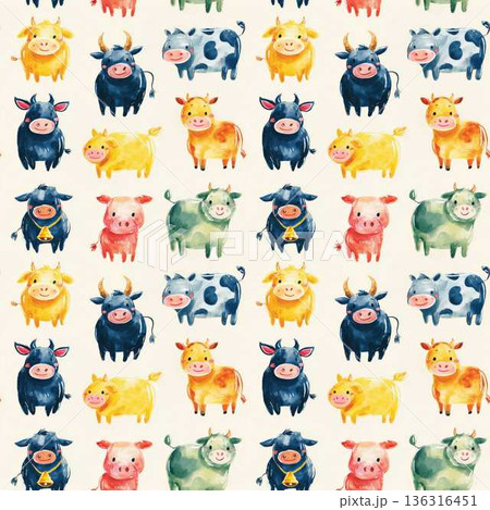 Seamless Pattern Cute Farm Animals Collage with Happy Cow and Accessories for Kids Nursery Decor 136316451