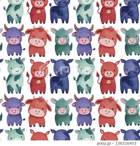 Seamless Pattern Cute Comic Farm Animals and Accessories for Kids Nursery Decor in Pastel Colors 136316453