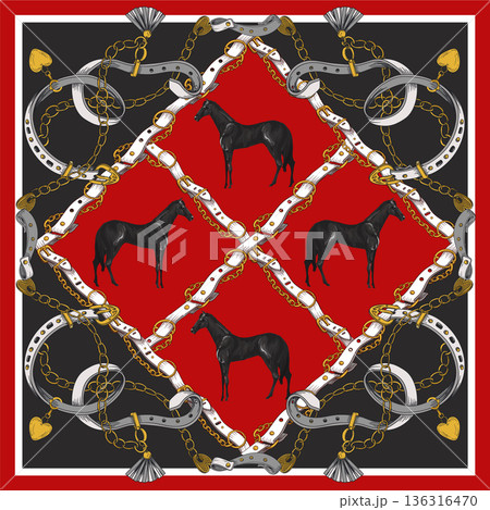 Design scarf with belts and horses. Vector. Design scarf with belts and horses. Vector. 136316470