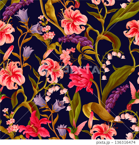 Luxury liley seamless vector floral pattern with exotic flowers and birds 136316474