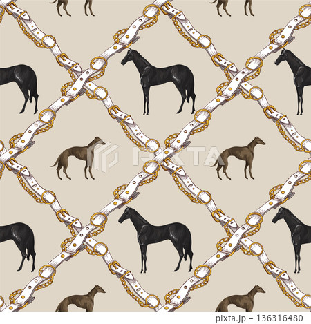 Seamless pattern with horses and belts. Vector. 136316480