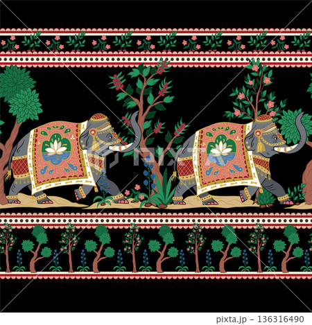 Seamless pattern with Indian elephants and decorative elements. Vector. 136316490