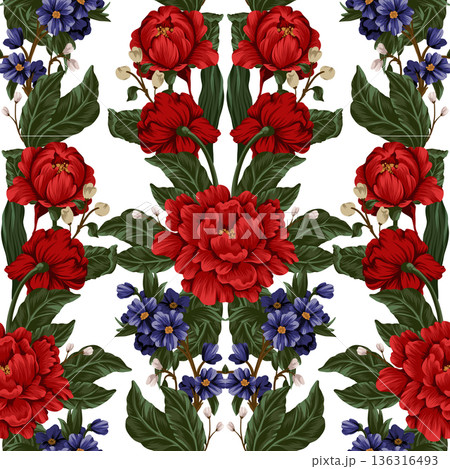 Seamless pattern with red peonies and small flowers. Vector. 136316493