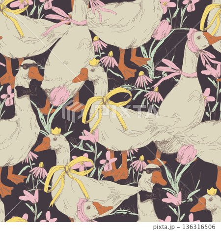 Cute goose seamless vector pattern with flowers bows crowns handdrawn farm illustration Cute goose seamless vector pattern with flowers bows crowns handdrawn farm illustration 136316506