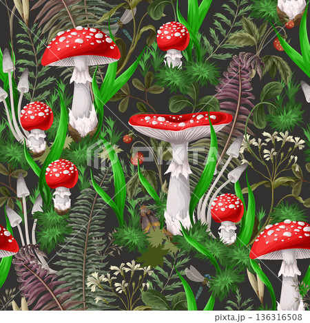 Seamless pattern with fly agaric, other mushrooms and plants. Vector. 136316508