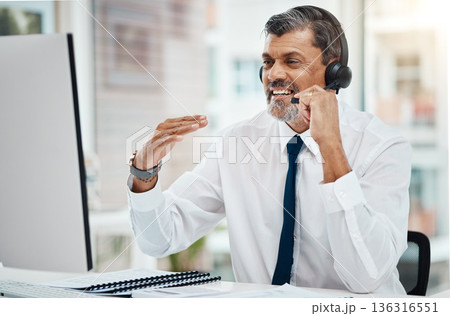 Computer, call center and mature man talking for business, customer service or listen for support. Contact us, telemarketing and happy professional, sales agent or crm consultant working at help desk 136316551