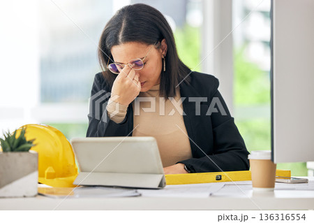 Mental health, architect burnout and woman stress over development project, floor plan analysis or design. Sad, headache problem and business person depressed about architecture engineering mistake 136316554