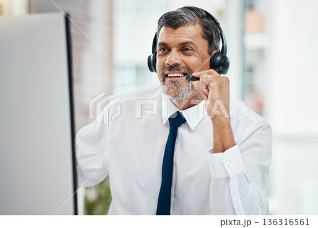 Computer, call center and mature man listening for business, customer service and support. Smile, telemarketing and happy professional, sales agent and crm consultant working at help desk in office Computer, call center and mature man listening for business, customer service and support. Smile, telemarketing and happy professional, sales agent and crm consultant working at help desk in office 136316561