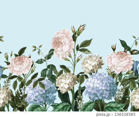 Border with hydrangeas and roses. Vector. 136316565