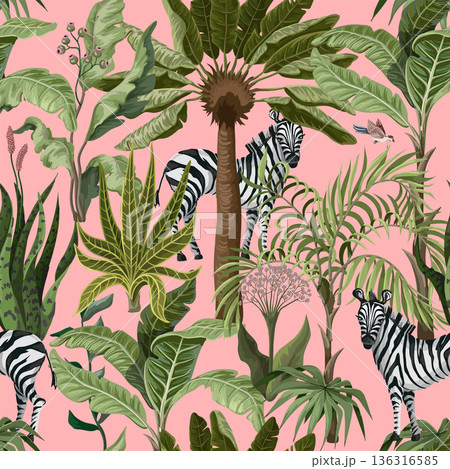 Seamless pattern with tropical trees and zebra. Vector. Seamless pattern with tropical trees and zebra. Vector. 136316585