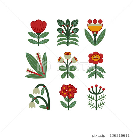 Folk Scandinavian flowers vector isolated botanical elements set with decorative stylized plants 136316611
