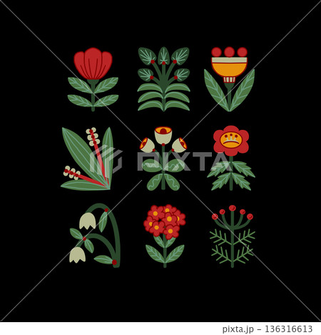 Folk Scandinavian flowers vector isolated botanical elements set with decorative stylized plants 136316613