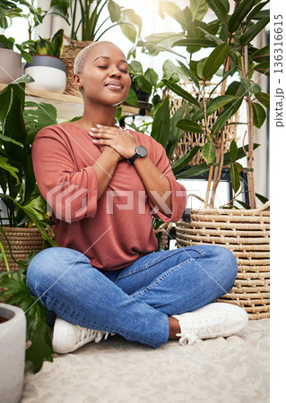 Calm, peace and young woman by plants for breathing exercise in meditation in a greenery nursery. Breathe, gratitude and African female person with a relaxing zen mindset by indoor greenhouse garden. Calm, peace and young woman by plants for breathing exercise in meditation in a greenery nursery. Breathe, gratitude and African female person with a relaxing zen mindset by indoor greenhouse garden. 136316615