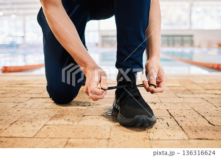 Man, hands and tying shoes by pool for workout, exercise or training preparation indoors. Closeup of male person or athlete tie shoe and getting ready for sports exercising, fitness or competition 136316624