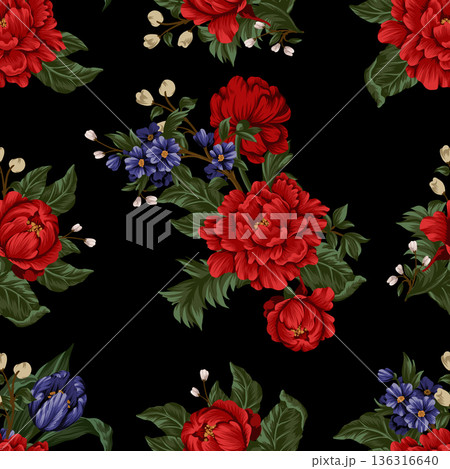 Seamless pattern with red peonies and small flowers. Vector. 136316640
