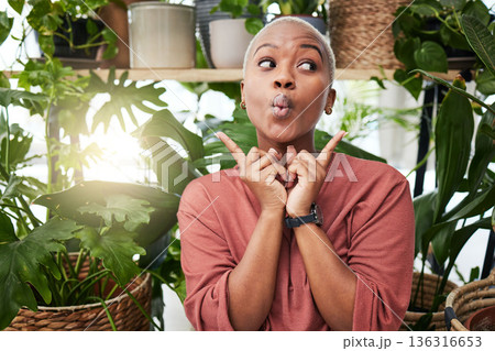Black woman, silly face and green house plant with comedy feeling happy feeling shy. African female person, girl and crazy with hand sign and funny pout with comic confidence and greenery with joke 136316653