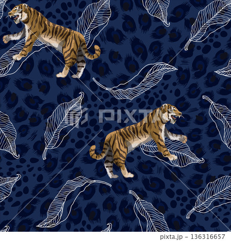 Seamless pattern with tigers and leaves. Vector. 136316657