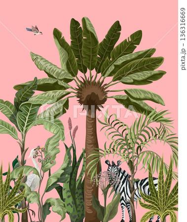 Border with jungle trees and wild birds and animals. Vector. 136316669