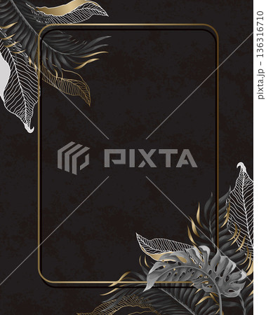 Poster with tropical monochrome leaves and gold frame. Vector. 136316710