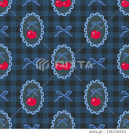 Cute cherry vector seamless pattern with pink bow ribbons hearts playful illustration Cute cherry vector seamless pattern with pink bow ribbons hearts playful illustration 136316810