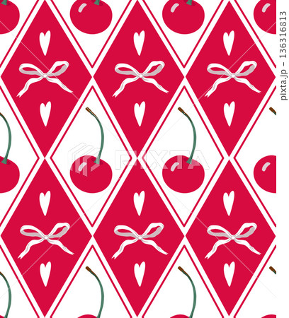 Cute cherry vector seamless pattern with pink bow ribbons hearts playful illustration 136316813