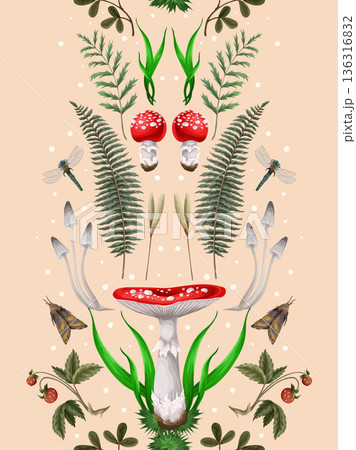 Seamless pattern with fly agaric, other mushrooms and plants. Vector. Seamless pattern with fly agaric, other mushrooms and plants. Vector. 136316832