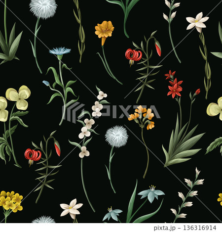 Seamless pattern with thin meadow flowers. Vector. 136316914