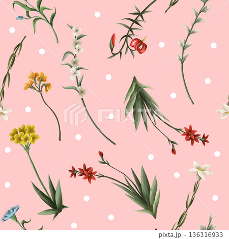 Seamless pattern with thin meadow flowers and dots. Vector. Seamless pattern with thin meadow flowers and dots. Vector. 136316933