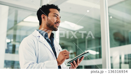 Thinking, doctor and man in hospital, tablet and planning for healthcare report. Medical service, professional and person in clinic, solution or vision for future, thought and decision for schedule 136316934