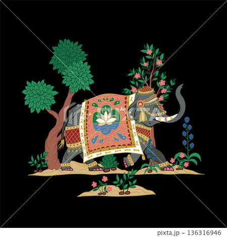 Indian elephant with trees and plants isolated. Vector. 136316946