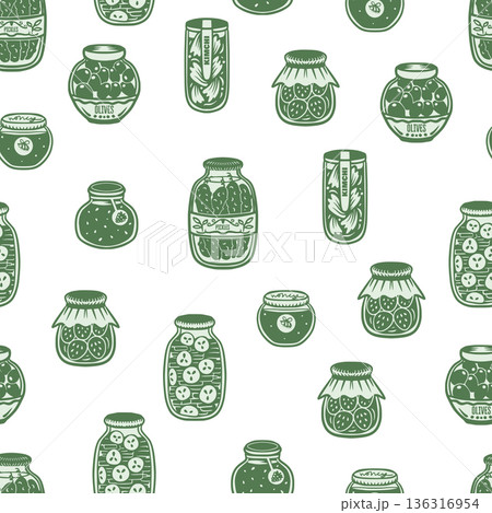 Jar seamless vector pattern with pickles olives kimchi honey preserves hand drawn illustration 136316954