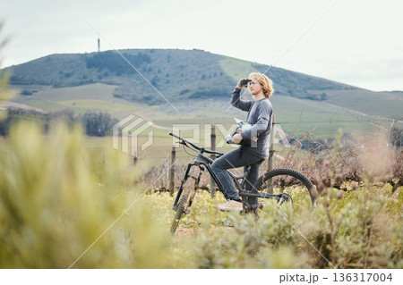 Fitness, cycling and man on bicycle in nature for training, workout and exercise in countryside. Sports, cycling and male person with mountain bike for adventure, freedom and adrenaline on dirt road Fitness, cycling and man on bicycle in nature for training, workout and exercise in countryside. Sports, cycling and male person with mountain bike for adventure, freedom and adrenaline on dirt road 136317004