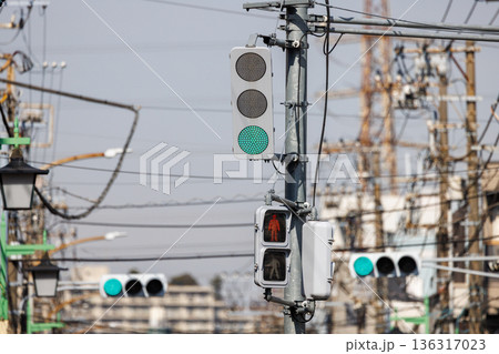 車両用は青、歩行者用は赤を示す日本のLED信号機 車両用は青、歩行者用は赤を示す日本のLED信号機 136317023