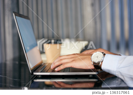 Hands, laptop and person typing architect project proposal or budget for financial profit or writing an email online. Internet, research and worker or employee working and search the web or website 136317061