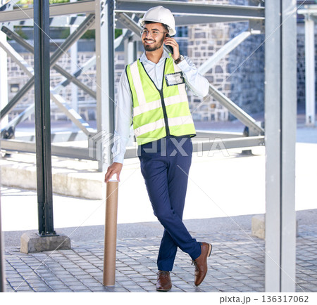 Architect, phone call and happy man with blueprint at construction site, networking and communication with plan. Engineering, cellphone and negotiation discussion for safety and planning with smile. Architect, phone call and happy man with blueprint at construction site, networking and communication with plan. Engineering, cellphone and negotiation discussion for safety and planning with smile. 136317062