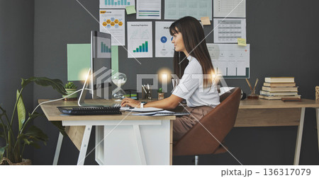 Woman, analytics and data analyst working from home, computer and employee at desk with graph and charts. Information, statistics and female person typing, remote work and review online research 136317079